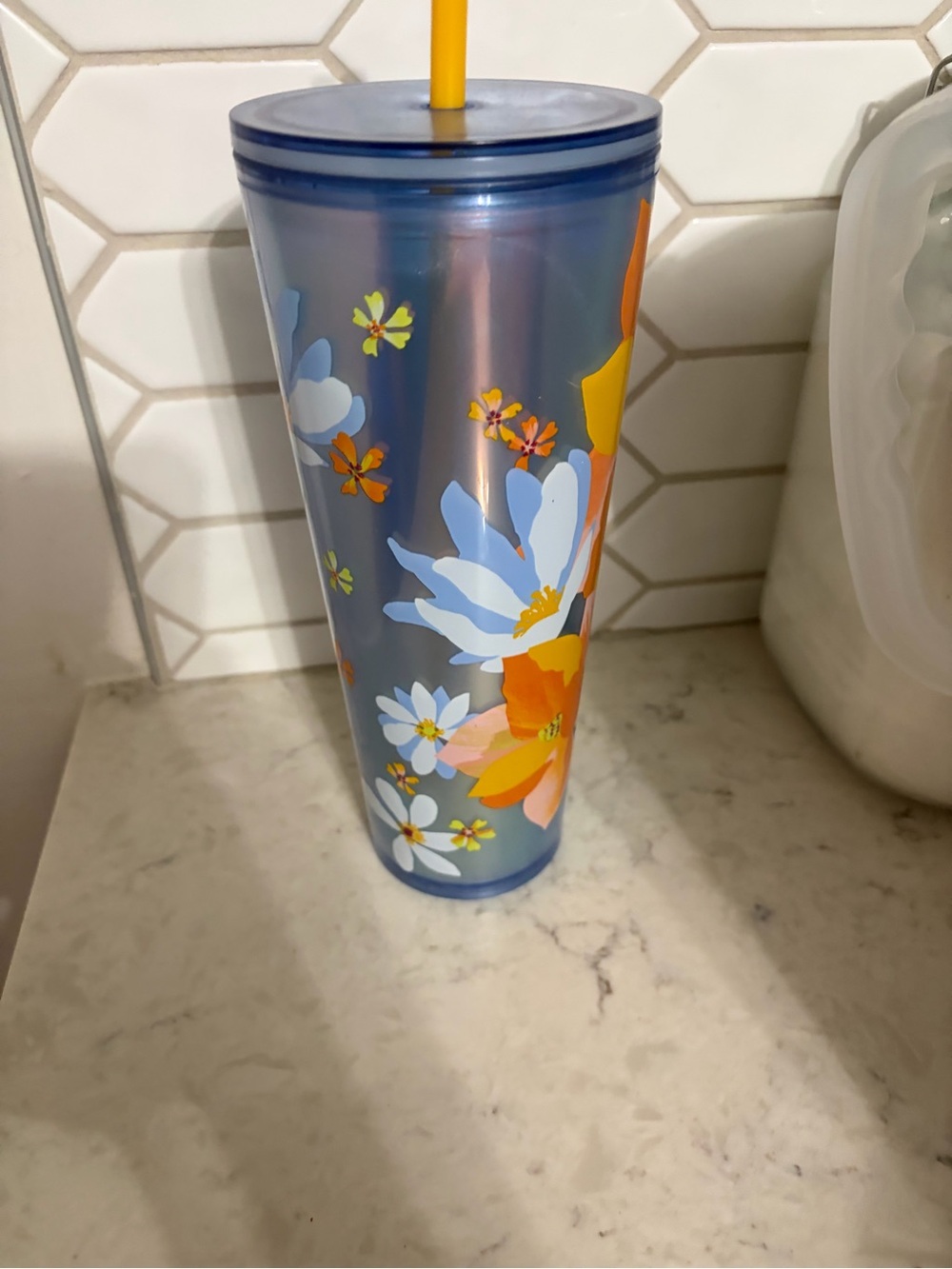 Starbucks Blue Floral Travel Cup with Yellow Straw